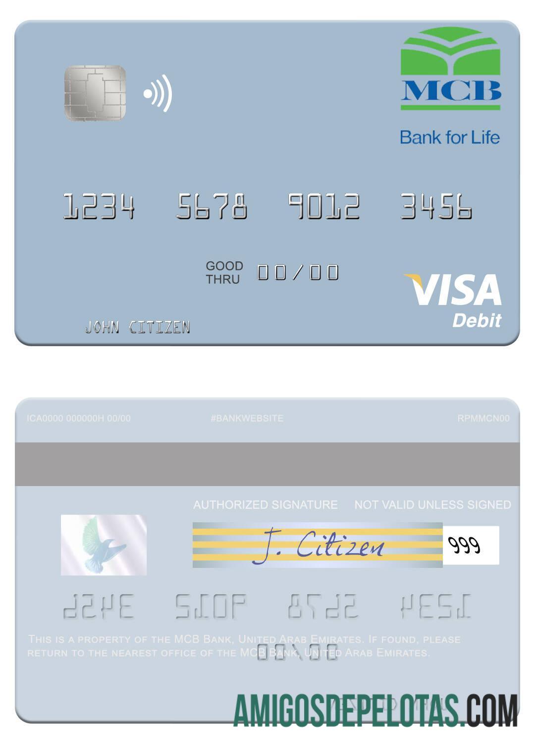 Cartão de débito Visa do banco MCB dos Emirados Árabes Unidos exemplo